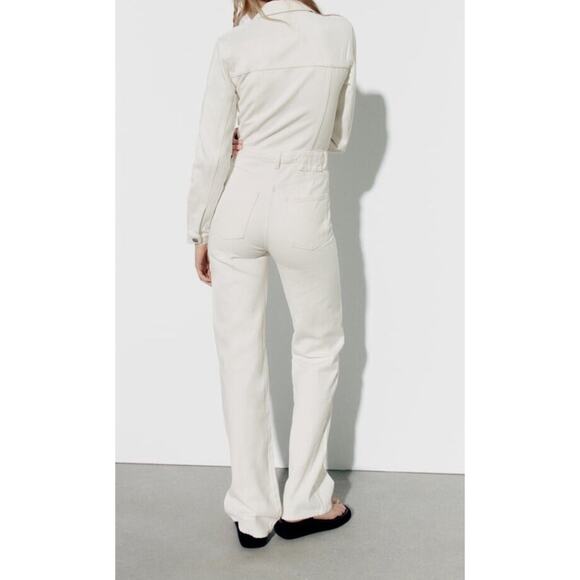 ZARA WOMEN TRF WIDE-LEG DENIM JUMPSUIT OYSTER WHITE BLOGGERS FAVORITE - Picture 8 of 9